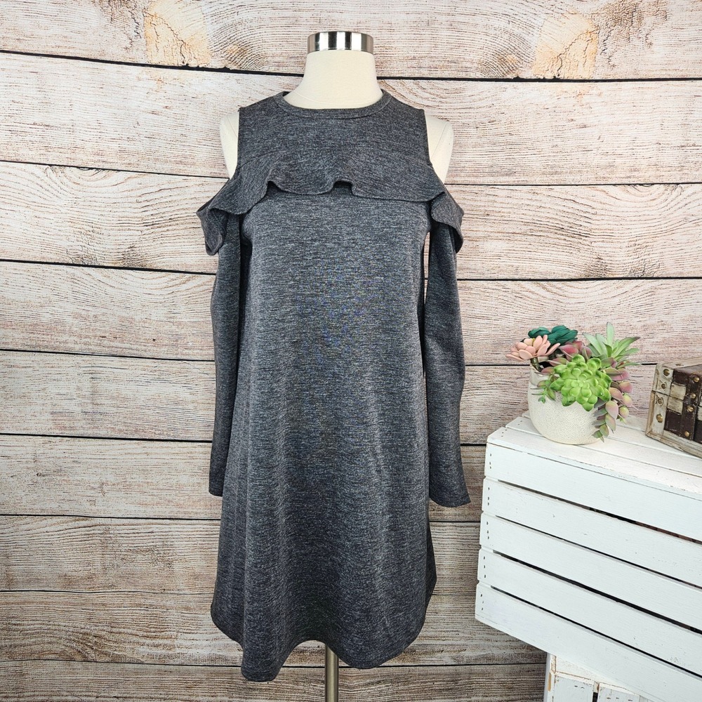 LOFT Womens Dress Small Gray Heathered Long Sleeve Cold Shoulder Ruffle